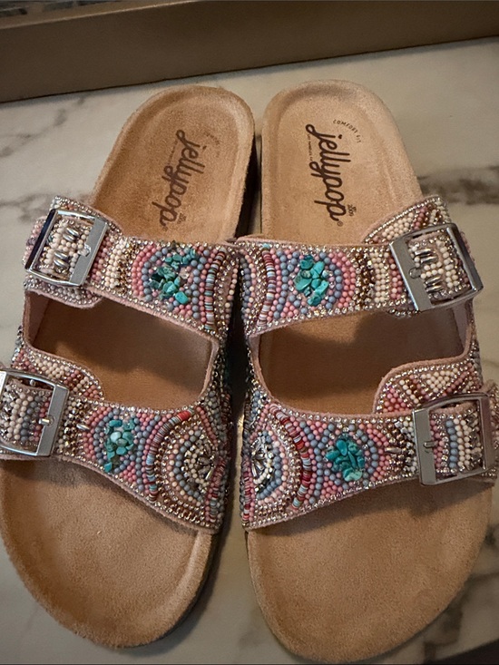 Jellypop Shoes - Jellypop Beaded Double-Strap Slide Sandal in Pink, Turquoise & Cream